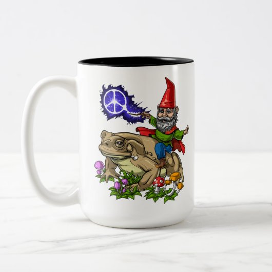 Gnome Riding Frog Tweekleurige Koffiemok (Links)