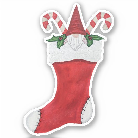 Gnome Rood Tall Pet Kerst Stocking Candy Canes Sticker (Voorkant)