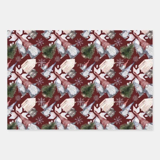 Gnome Scandinavian Nordic Waterverf Kerstmis Inpakpapier Vel (Voorkant 3)