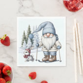 Gnome skiën met een konijn in sneeuwvlokken servet (Insitu)