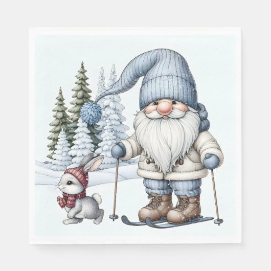Gnome skiën met een konijn in sneeuwvlokken servet (Voorkant)