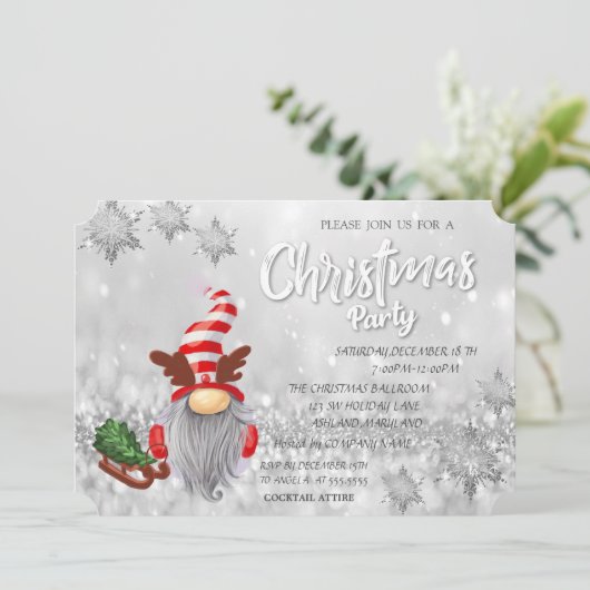 Gnome Sleigh PineTree Bokeh kerstparty Kaart (Staand voorkant)