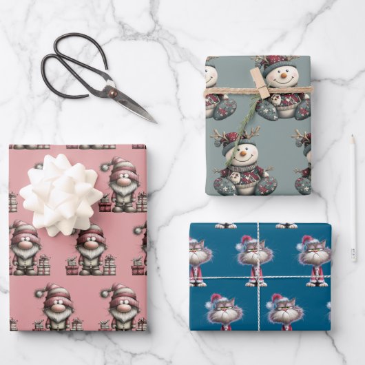 gnome, snowman, cute tired santa elf cat inpakpapier vel (Voorkant)