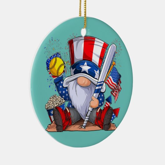 Gnome Softball 4 juli Patriottische Gnomen Keramisch Ornament (Rechts)