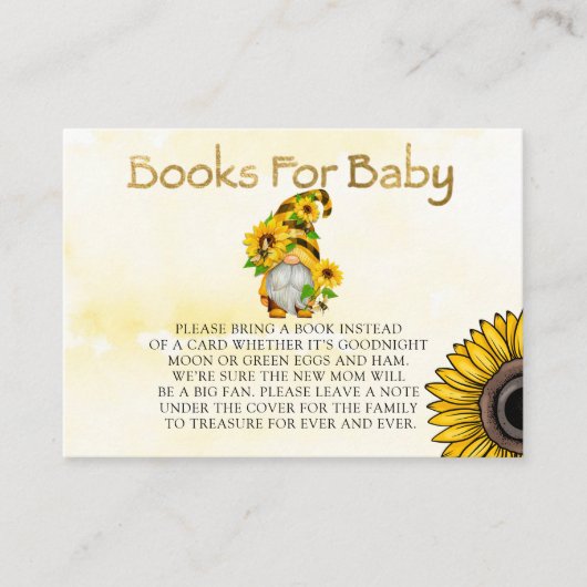 Gnome Sunflower en bijenboeken voor Baby Visitekaartje (Voorkant)
