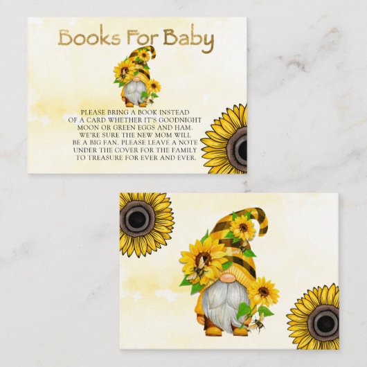 Gnome Sunflower en bijenboeken voor Baby Visitekaartje (Voorkant / Achterkant)
