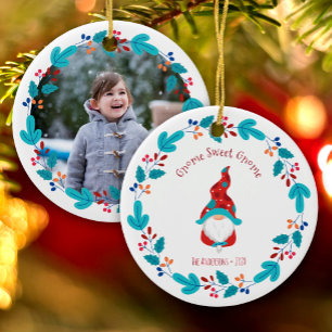 Gnome Sweet Gnome Cute Elf Floral Wreatfoto Keramisch Ornament