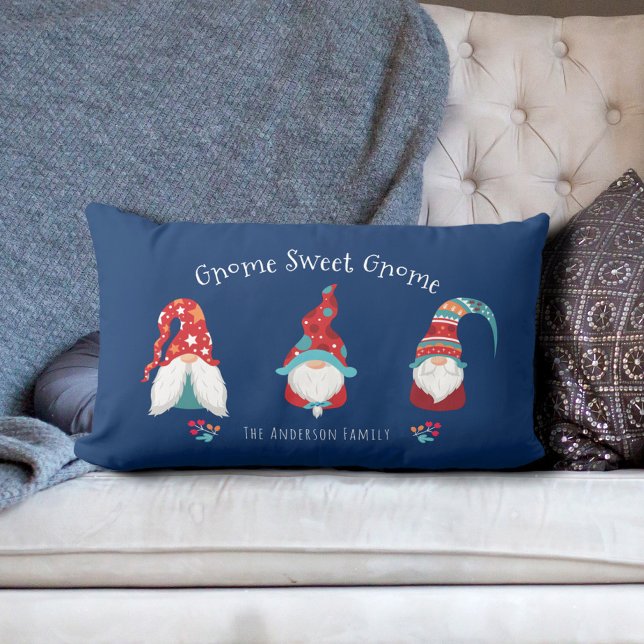 Gnome Sweet Gnome Cute Fun Modern Holiday Elf Blue Kussen (Creator heeft geüpload)