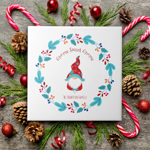 Gnome Sweet Gnome Cute Modern Elf Floral Wreath Tegeltje