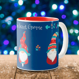 Gnome Sweet Gnome Cute Modern Simple Holiday Navy Tweekleurige Koffiemok