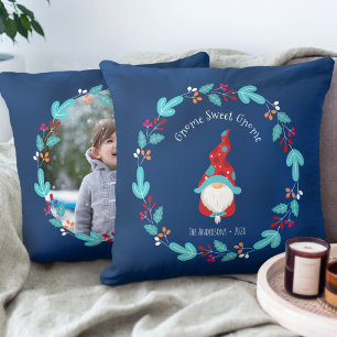 Gnome Sweet Gnome Elf Blauw Bloemen Krans Foto Kussen