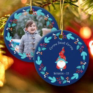 Gnome Sweet Gnome Elf Floral Wreatfoto Blue Keramisch Ornament