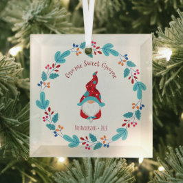 Gnome Sweet Gnome Elf Floral Wreath Whimsical Fun Glas Ornament