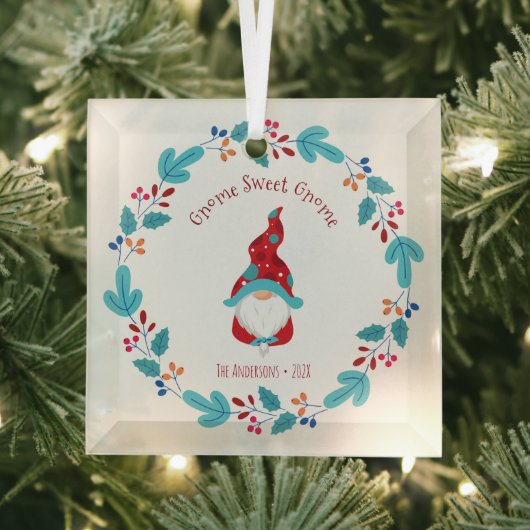 Gnome Sweet Gnome Elf Floral Wreath Whimsical Fun Glas Ornament (Insitu)