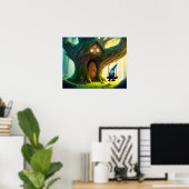 Gnome Swinging op een schommel uit zijn boomhut. Poster (Thuiskantoor)