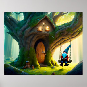 Gnome Swinging op een schommel uit zijn boomhut. Poster