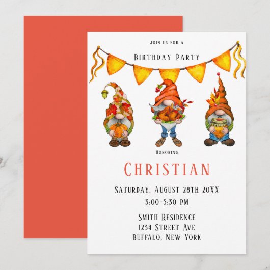 Gnome Thanksgiving Theme Birthday Party Invitation Kaart (Voorkant / Achterkant)