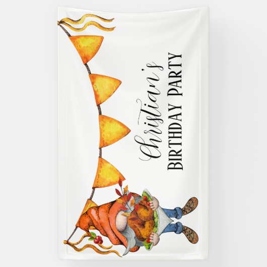 Gnome Thanksgiving Theme Birthday Party Spandoek (Verticaal)