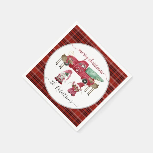 Gnome Truck Tree Merry Christmas Red Black Plaid Servet (Hoek)