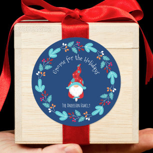 Gnome voor de Feestdagen Modern Floral Wreath Blue Ronde Sticker