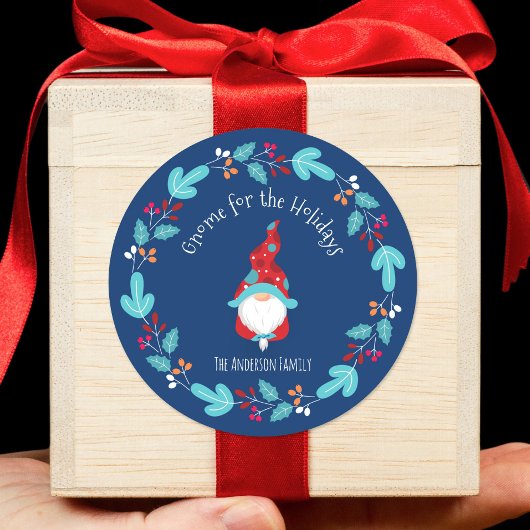 Gnome voor de Feestdagen Modern Floral Wreath Blue Ronde Sticker