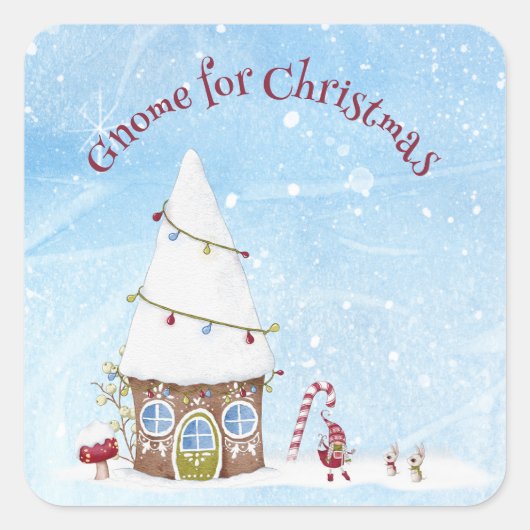 Gnome voor Kerstmis Snowfall op Gnome Home Vierkante Sticker (Voorkant)
