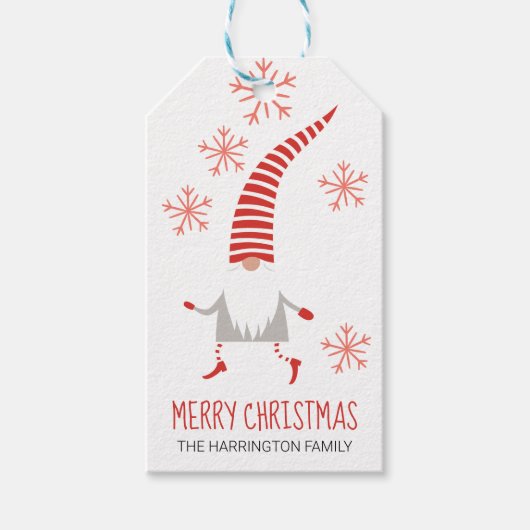 Gnome Vrolijk Kerstfeest en Sneeuwvlokken Cadeaulabel (Voorkant)