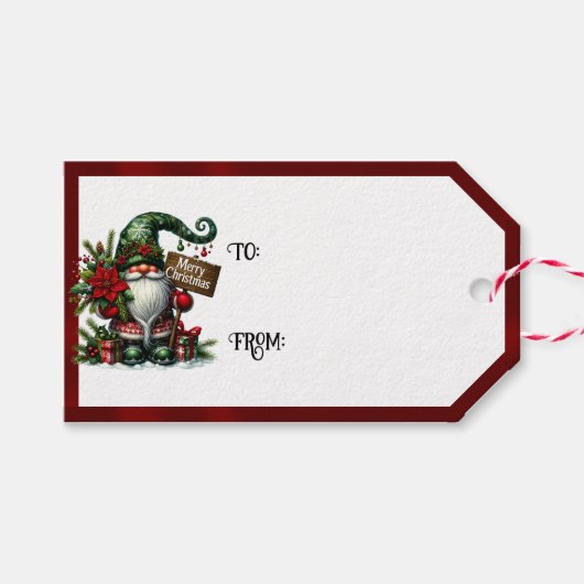 Gnome Vrolijk Kerstfeest & Rode Grenzen Cadeaulabel (Voorkant (Horizontaal))