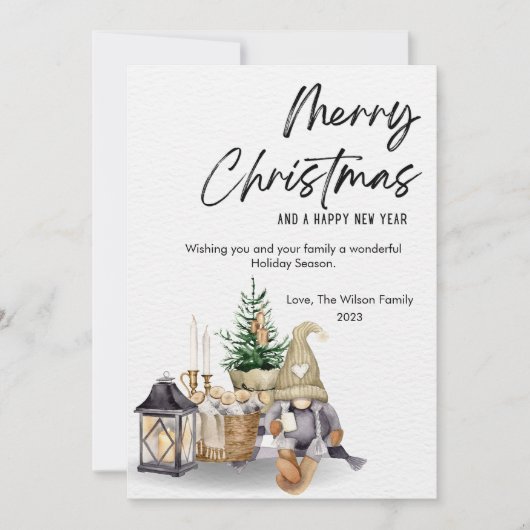 Gnome Waterverf Gezellige Kerstmis Flat Feestdagenkaart (Voorkant)