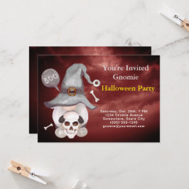 Gnome Witch Skull Cloudy Red Sky Halloween Party Kaart