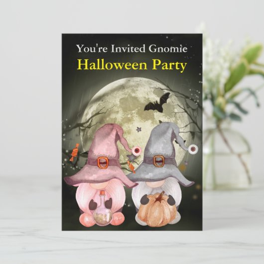 Gnome Witches Full Moon Halloween Party Kaart (Staand voorkant)