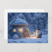Gnome with a Lantern Outside a Snowy Stone Hut Briefkaart (Voorkant / Achterkant)