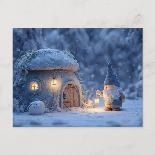 Gnome with a Lantern Outside a Snowy Stone Hut Briefkaart (Voorkant)