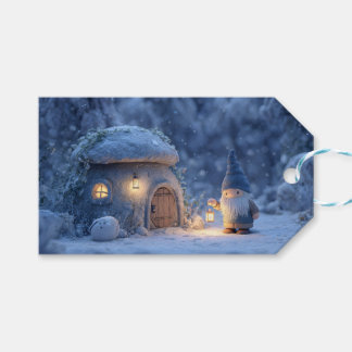 Gnome with a Lantern Outside a Snowy Stone Hut Cadeaulabel