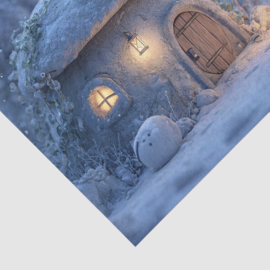 Gnome with a Lantern Outside a Snowy Stone Hut Tissuepapier (Detail)