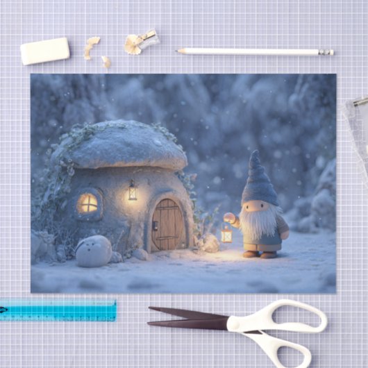 Gnome with a Lantern Outside a Snowy Stone Hut Tissuepapier (Craft)