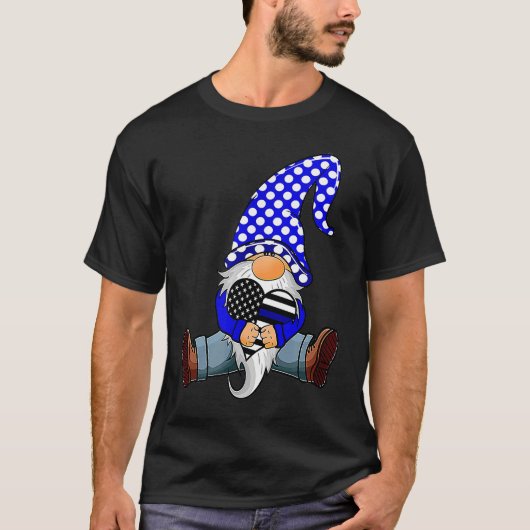 Gnome With Heart American Flag Heart Blue Line Pol T-shirt (Voorkant)