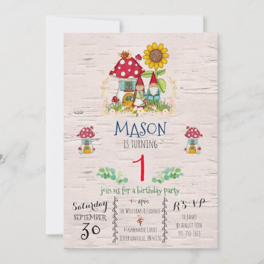Gnome Woodland Theme Party Uitnodiging (Voorkant)
