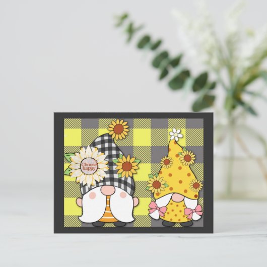 Gnome Zonnebloem Kies Happy Schattige Plaid Briefkaart (Staand voorkant)