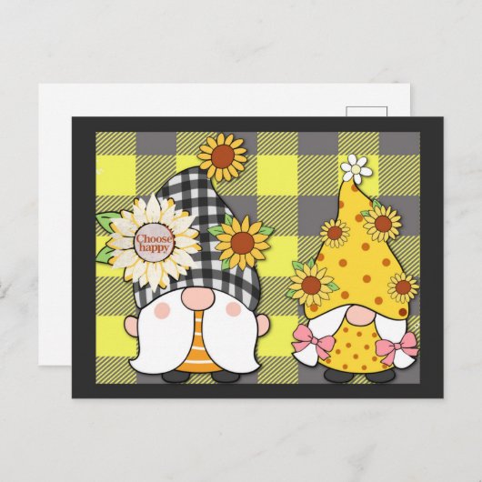 Gnome Zonnebloem Kies Happy Schattige Plaid Briefkaart (Voorkant / Achterkant)