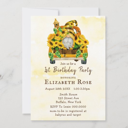 Gnome Zonnebloemen 1St. Birthday Party nodigt uit (Voorkant)