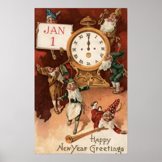 Gnomen die rond een klok parkeren poster (Voorkant)