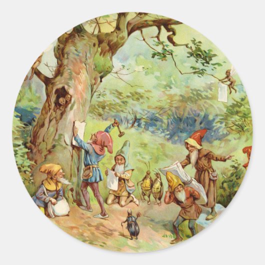Gnomen, Elves en Fairies in het Magische Bosbos Ronde Sticker (Voorkant)