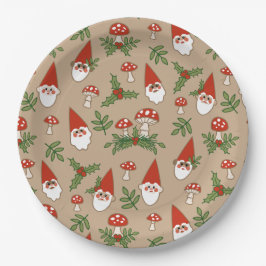 Gnomen en paddenstoelen op Tan Woodland Holiday Papieren Bordje
