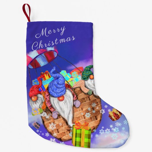 Gnomen in ballon geeft cadeaus Kerstmis kous Kleine Kerstsok (Voorkant)