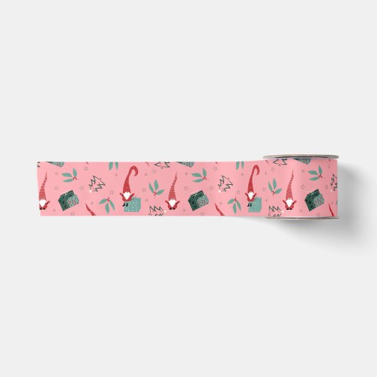 Gnomen met kerstbomen en geschenken op roze satijnen lint (Voorkant)