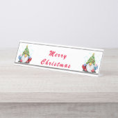 Gnomen met Pet met kerstbomen en cadeautjes Bureau Naambordje (Voorkant)