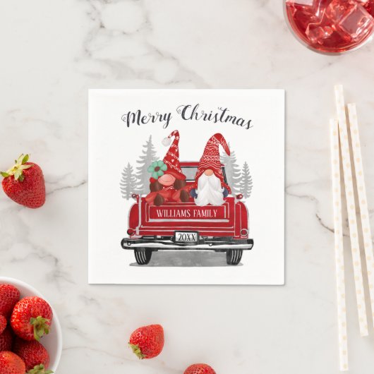 Gnomen Paar  Rode Vrachtwagen Vrolijk Kerstfeest Servet (Insitu)