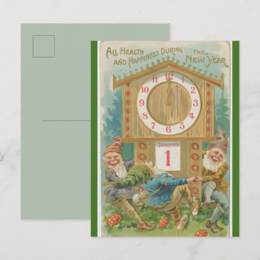  gnomen rond een klok gelukkig nieuwjaar briefkaart (Voorkant / Achterkant)