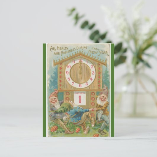  gnomen rond een klok gelukkig nieuwjaar briefkaart (Staand voorkant)